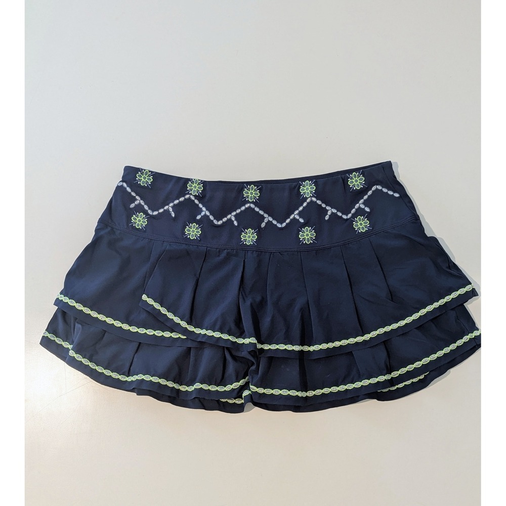 Lucky in Love Tennis Skort Navy Blue Lime Green Embroidered Pleated Skirt Size M